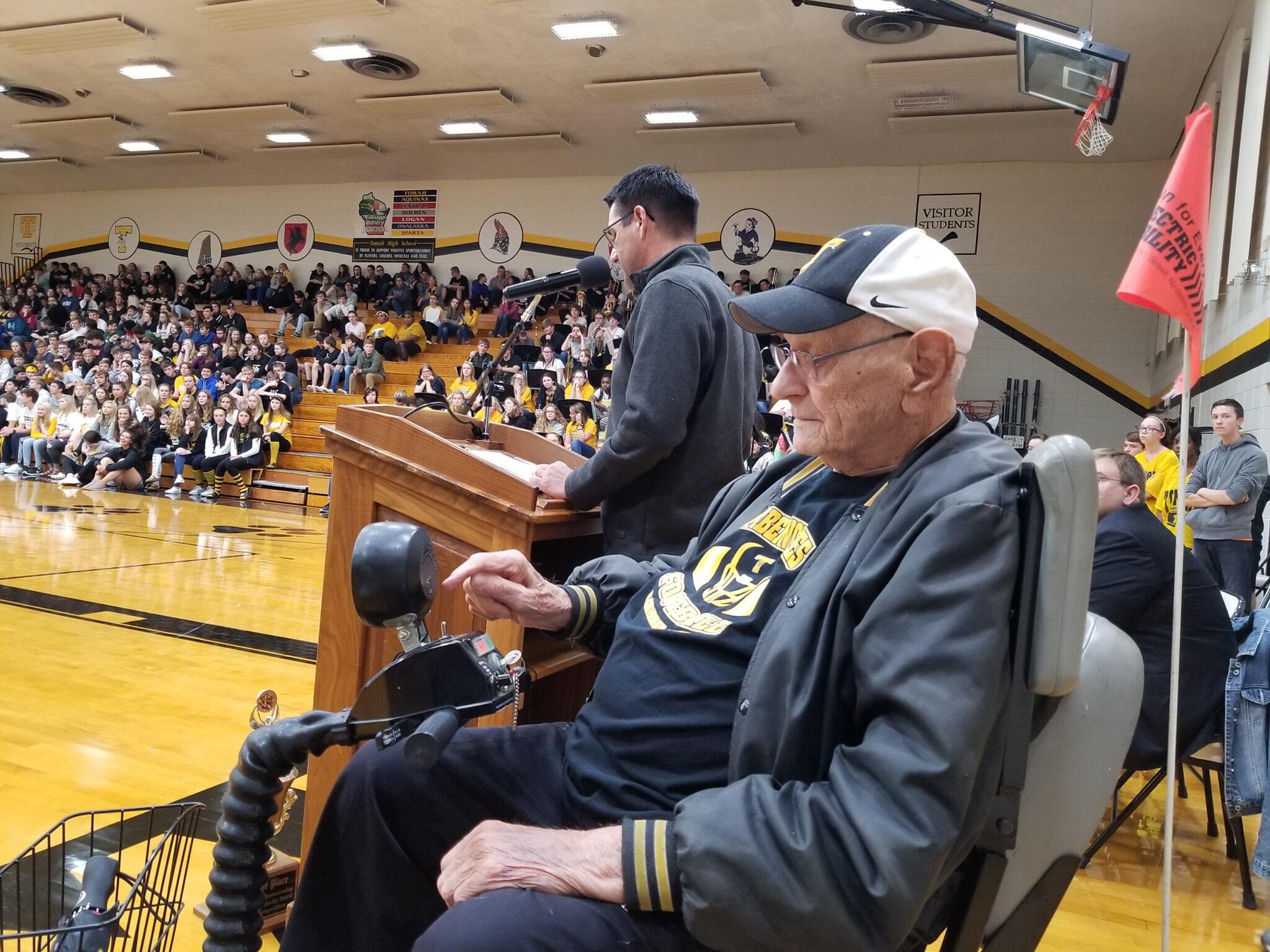 Bob is introduced to the Tomah High students during their Homecoming Pep Rally